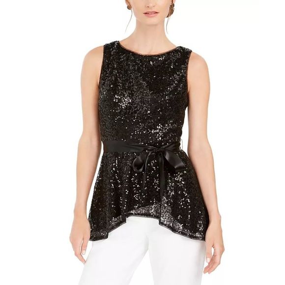 Adrianna Papell Tops - Adrianna Papell Women's Sequined Tie  Peplum Top Black Size 8